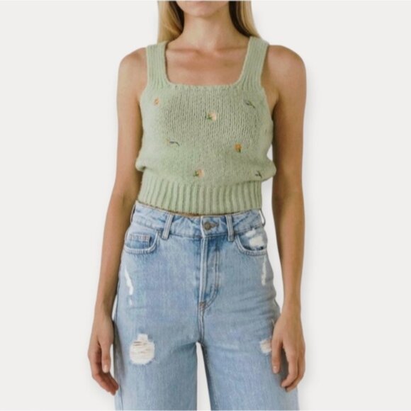 ENGLISH FACTORY Soft Green Knit Tank with Embroidered Floral Detail- Size L - Picture 10 of 15